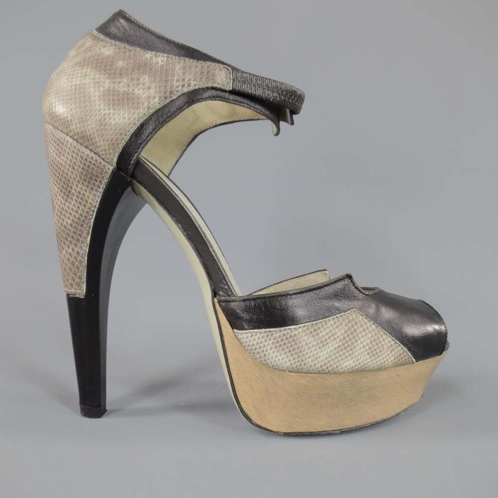 JASON WU Size 8 Black & Gray Leather Platform Snake Skin Platform Heels